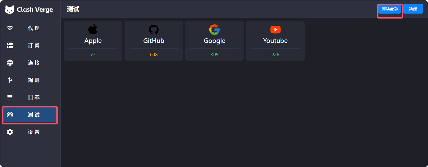 Clash Verge 测试页，测试全部旁边是 Apple、GitHub、Google、Youtube 四项当次数字