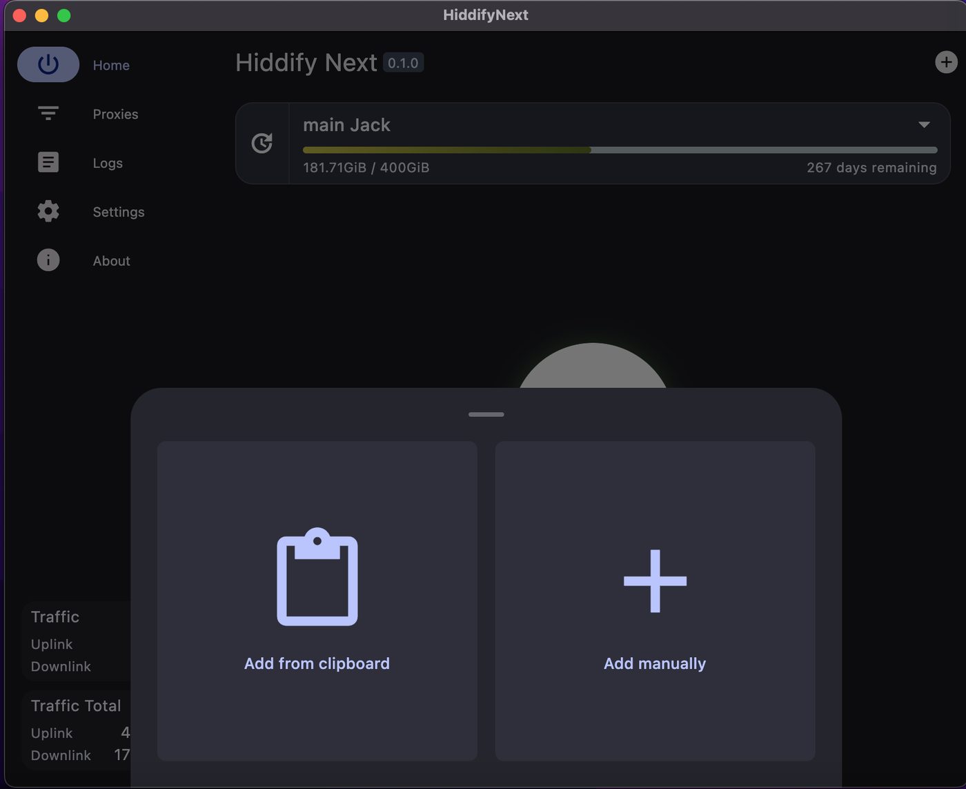 HiddifyNext 添加菜单，有 Add from clipboard 和 Add manually