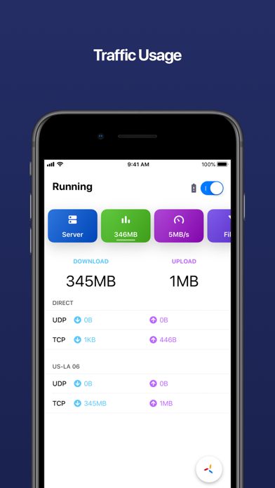 Quantumult X 流量页，Server 为 US-LA 06，有 Running 和 Stop