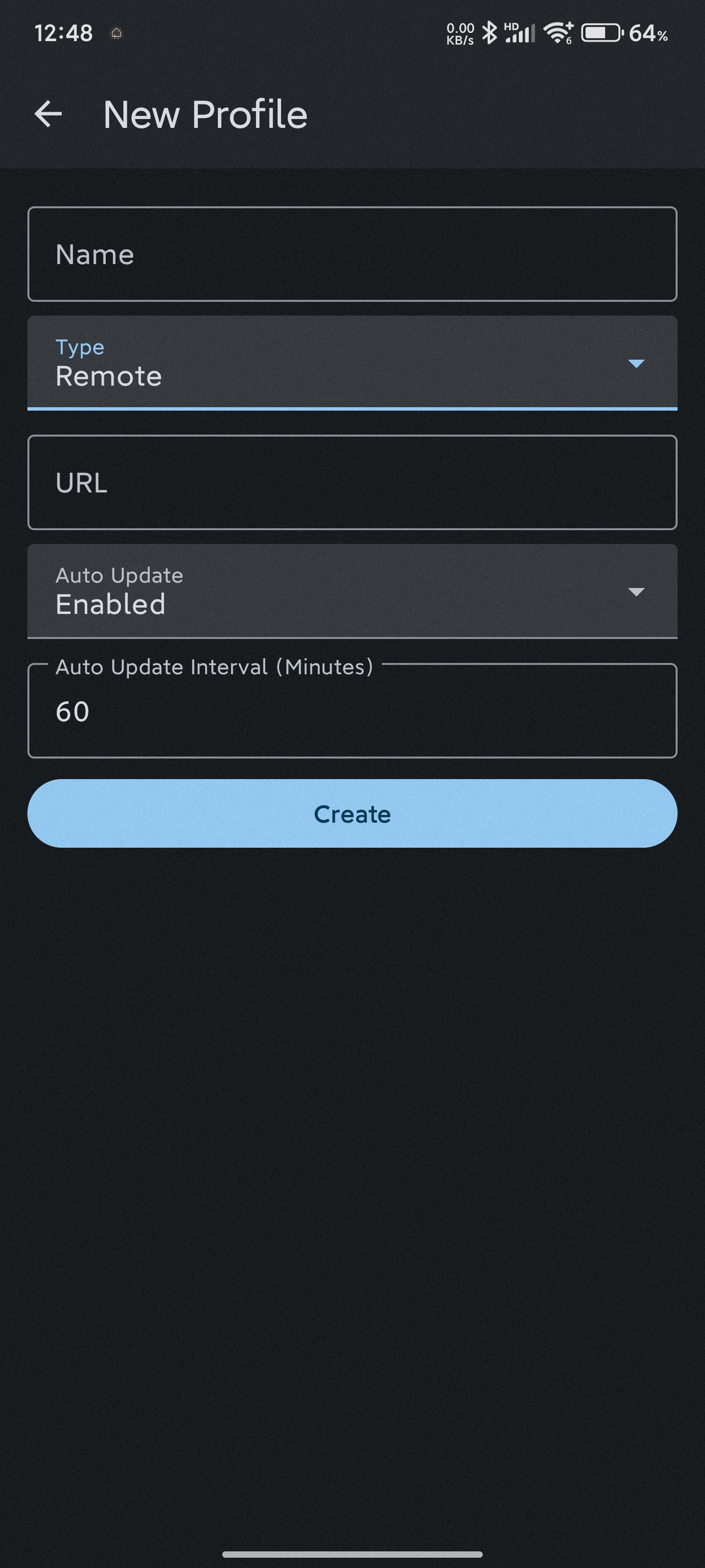 New Profile 页，Type 为 Remote，URL 为空，Auto Update 为 Enabled，间隔 60