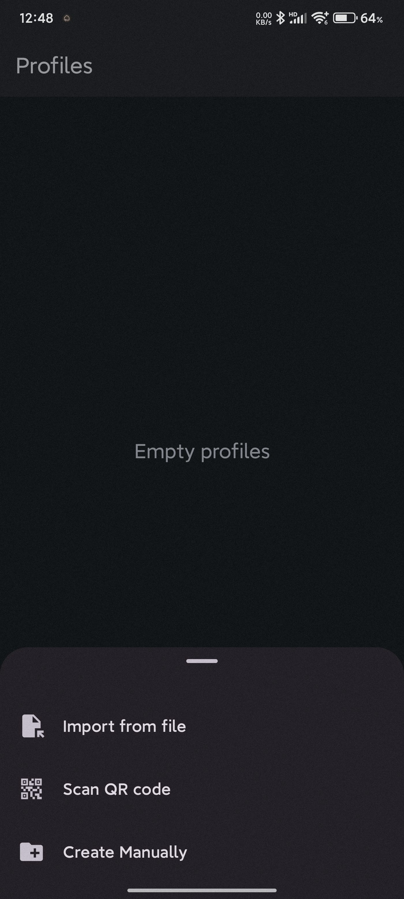 sing-box Profiles 页，Empty profiles，含 Import from file、Scan QR code 和 Create Manually